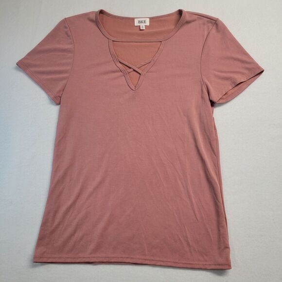 BKE‎ Lace Up Sexy Neck Light Mauve Womens Size Small Ribbed Tee Blouse Top - Picture 1 of 7